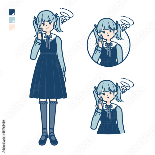 ゴスロリ衣装を着た若い女性が困っているイラスト