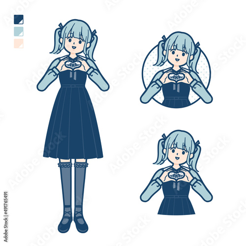 ゴスロリ衣装を着た若い女性が手でハートマークを作っているイラスト