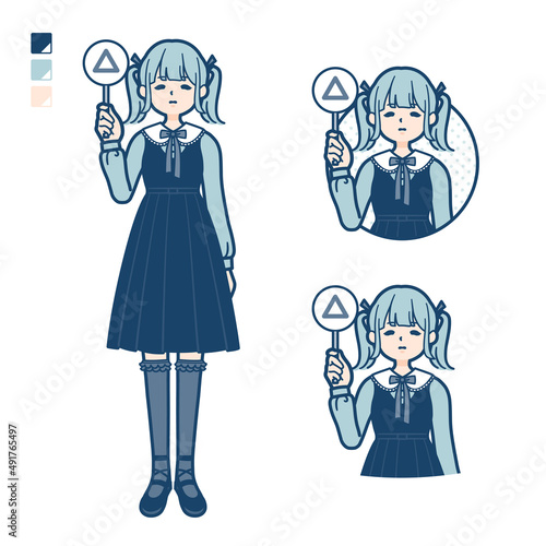 ゴスロリ衣装を着た若い女性が三角印パネルを出すイラスト