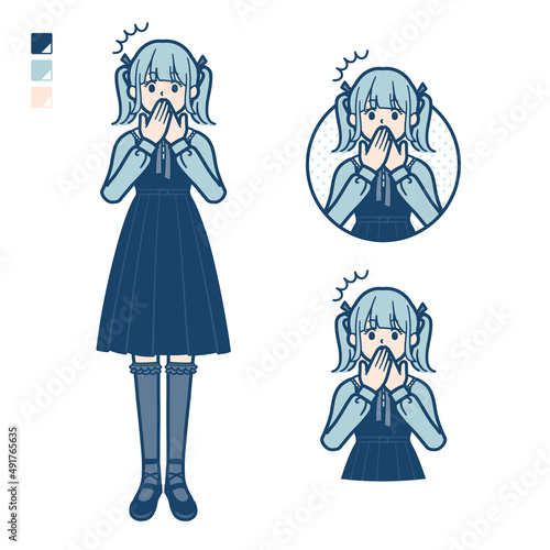 ゴスロリ衣装を着た若い女性が口をおさえて驚いているイラスト