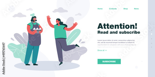 Confectioner offering chocolate cake to woman. Vector illustration