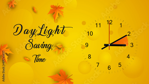 Daylight Saving Time March 13. The clock moves forward one hour. poster, banner vector design backdrop orange color.