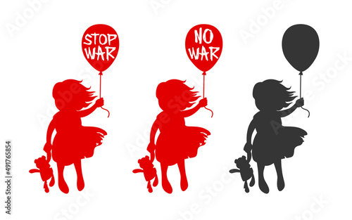 Stop the WAR concept. Silhouette of a young refugee girl with a balloon in her hands with NO WAR inscription. Isolated vector illustration.  Poor child. Lonely girl kid silhouette. Peaceful protest
