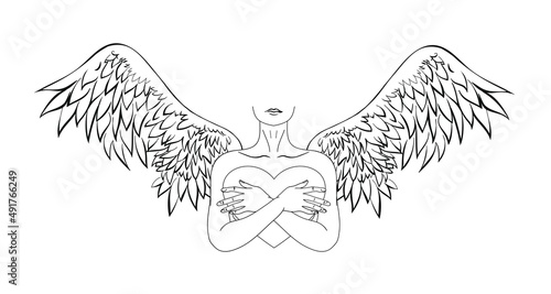 Logo of a woman with wings holding a heart in her hands. Kindness and mercy. Vector illustration for presentation  beauty contest template.