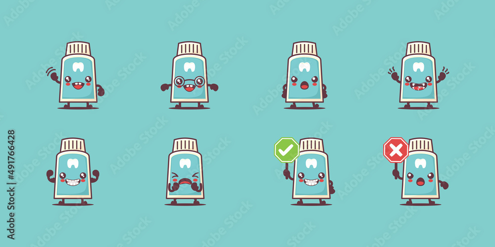 Toothpaste cartoon. vector illustration of cleaning, protecting, sanitizing. with different faces and expressions Toothpaste cartoon. vector illustration of cleaning, protecting, sanitizing. with different faces and expressions