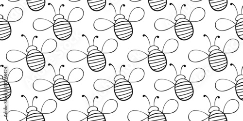 Vector seamless pattern of black outline fat little bees in doodle style. Cute cartoon honey insect. Background and texture on theme of nature, spring, summer, children print, isolated