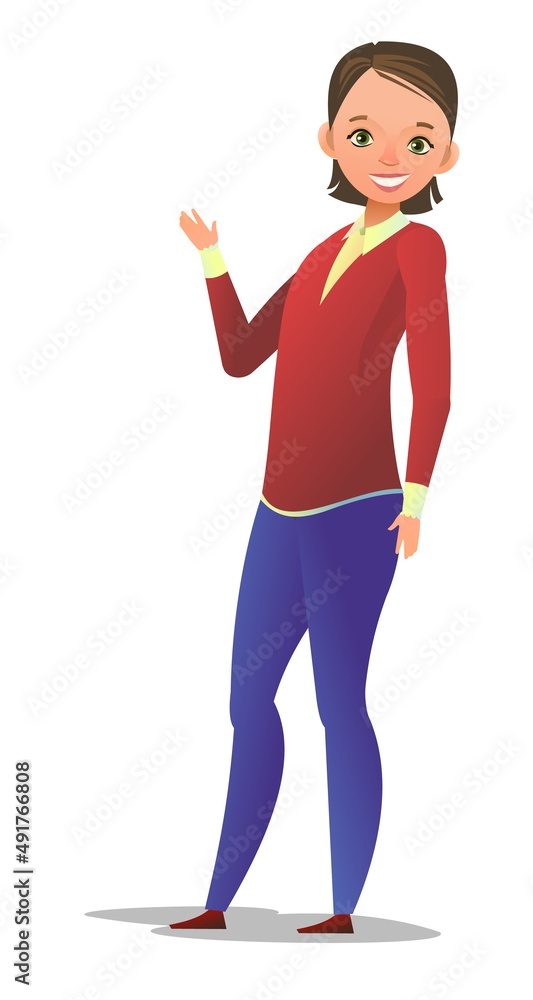 Handsome little girl in pants and sweater. Cheerful middle aged teen. Cheerful person. Standing pose. Cartoon comic flat design. Single character. Illustration isolated on white background. Vector Handsome little girl in pants and sweater. Cheerful middle aged teen. Cheerful person. Standing pose. Cartoon comic flat design. Single character. Illustration isolated on white background. Vector