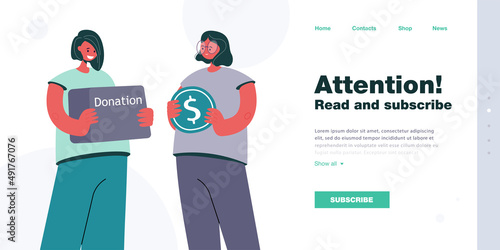 Female volunteer holding donation box, gold coin in hand. Women donating money flat vector illustration. Charity, financial and humanitarian aid concept for banner, website design or landing web page