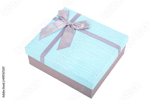 grey-blue gift box with a bow on a white background