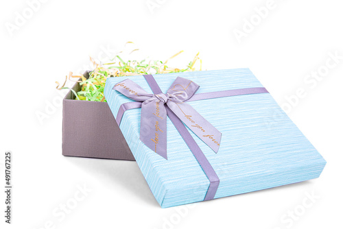open gray-blue gift box with a bow on a white background