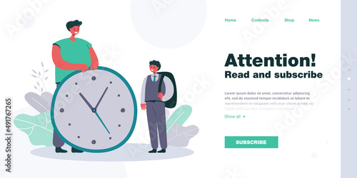 Father asking schoolboy coming home from school on time. Vector illustration