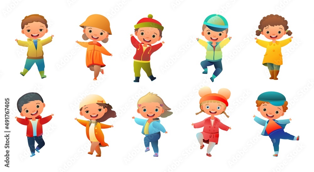 Set of Little Boy and Little girl preschooler. Person in autumn clothes. Cute child. Cheerful funny kid. Baby joy. Cartoon style illustration. Flat design. Isolated on white background. Vector Set of Little Boy and Little girl preschooler. Person in autumn clothes. Cute child. Cheerful funny kid. Baby joy. Cartoon style illustration. Flat design. Isolated on white background. Vector
