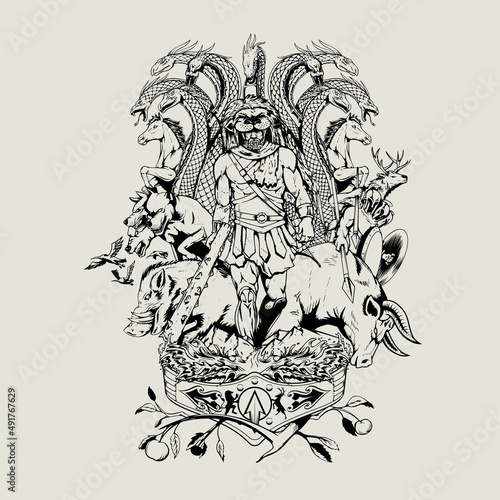 the 12 Labours of Herakles line art version vector illustration in tattoo art style, that this also can be a tattoo art, poster thirt print or any other purpose.