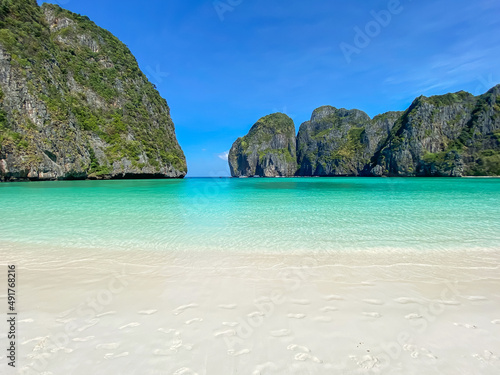 Beautiful scenery of Maya Bay beach on Phi Phi island, Krabi, Thailand. landmark, destination Southeast Asia Travel, vacation and holiday concept