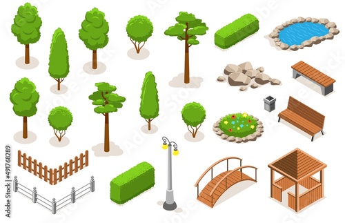 Isometric Park Landscape Elements Icon Set