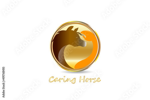 Hand petting a horse gold circle logo vector image design