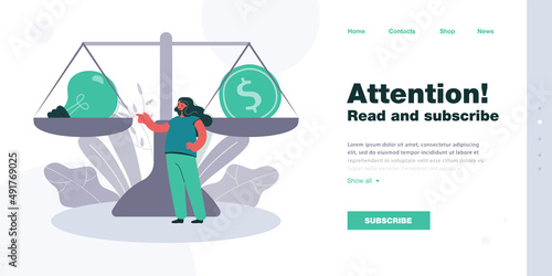 Cartoon girl in front of huge scales with lightbulb and coin. Woman choosing idea instead of money flat vector illustration. Finances, success, inspiration concept for banner or landing web page
