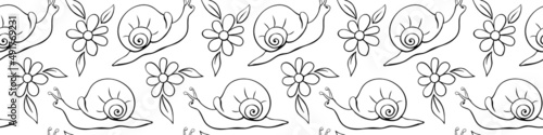 Vector seamless pattern of black outline snails and flowers. Doodle style. Flower meadow. Cute texture on theme of nature, spring, summer, children print
