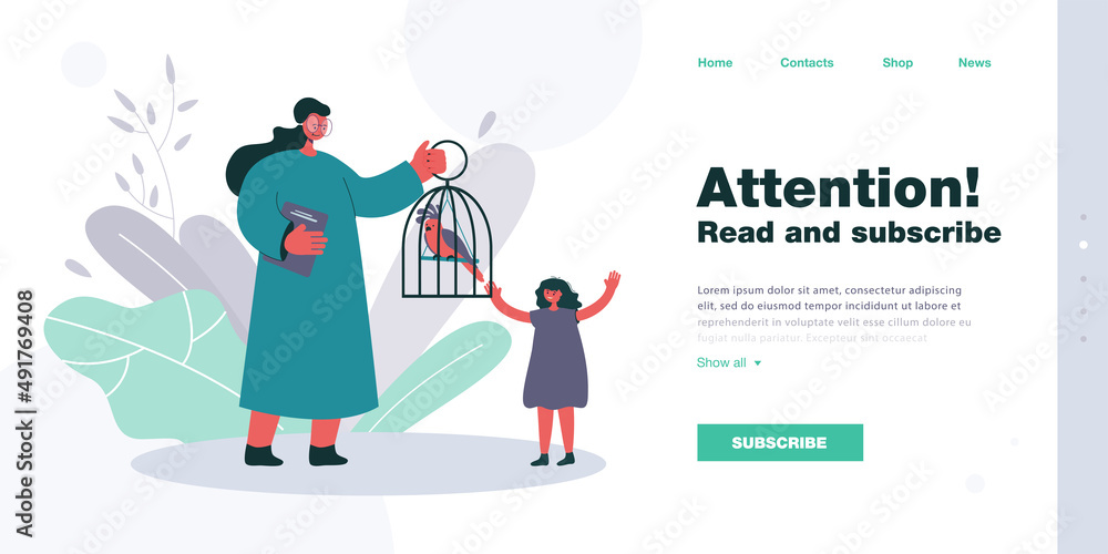 Teacher showing parrot in cage to pupil. Woman in glasses with caged exotic bird, happy girl flat vector illustration. Education, nature, wildlife concept for banner, website design or landing page