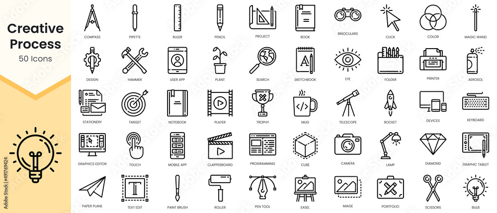 Set of creative-process Icons. Simple Outline style icons pack. Vector ...