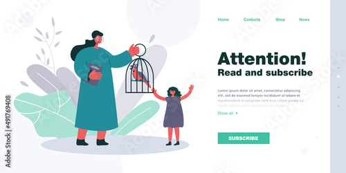 Teacher showing parrot in cage to pupil. Woman in glasses with caged exotic bird, happy girl flat vector illustration. Education, nature, wildlife concept for banner, website design or landing page