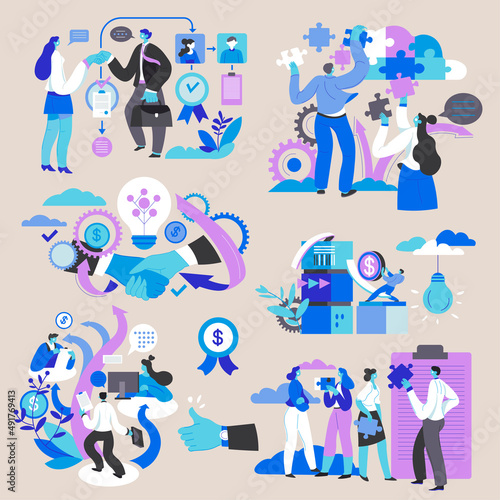 Cooperation and teamwork, employees in team vector