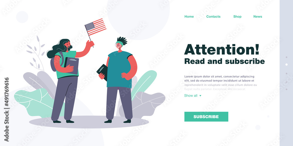 American exchange student meeting Caucasian girl with USA flag. Pupils from different countries flat vector illustration. International or global communication, education concept for banner, website American exchange student meeting Caucasian girl with USA flag. Pupils from different countries flat vector illustration. International or global communication, education concept for banner, website
