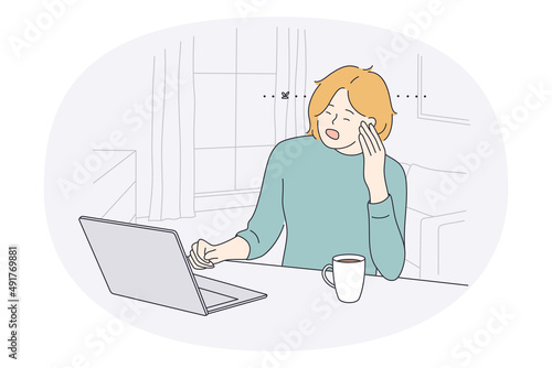 Tiredness exhaustion and stress concept. Young tired business woman worker sitting in office at laptop and feeling sleepy and tired at work vector illustration 