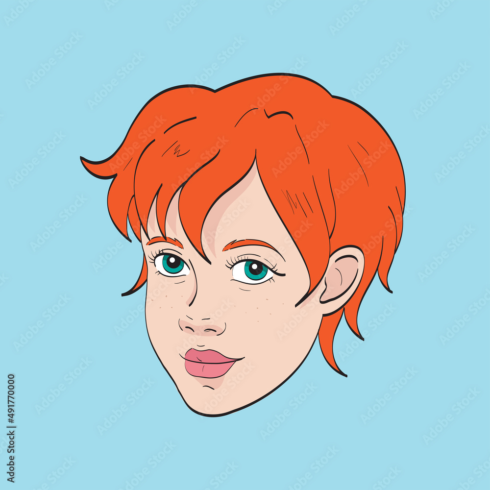 Hand drawn female fashion portrait. Avatar of a young woman, redheaded, ginger teenager girl with short haircut. Vector doodle illustration. Sketch of girl's head Hand drawn female fashion portrait. Avatar of a young woman, redheaded, ginger teenager girl with short haircut. Vector doodle illustration. Sketch of girl's head