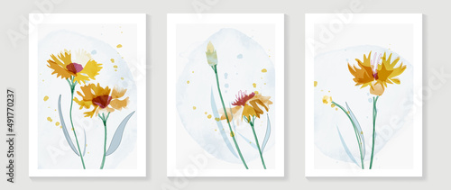 Abstract floral watercolor wall art template. Set of minimal wall decor with yellow flowers, blooms, and leaves in watercolor texture. Spring season painting for wallpaper, cover and poster.