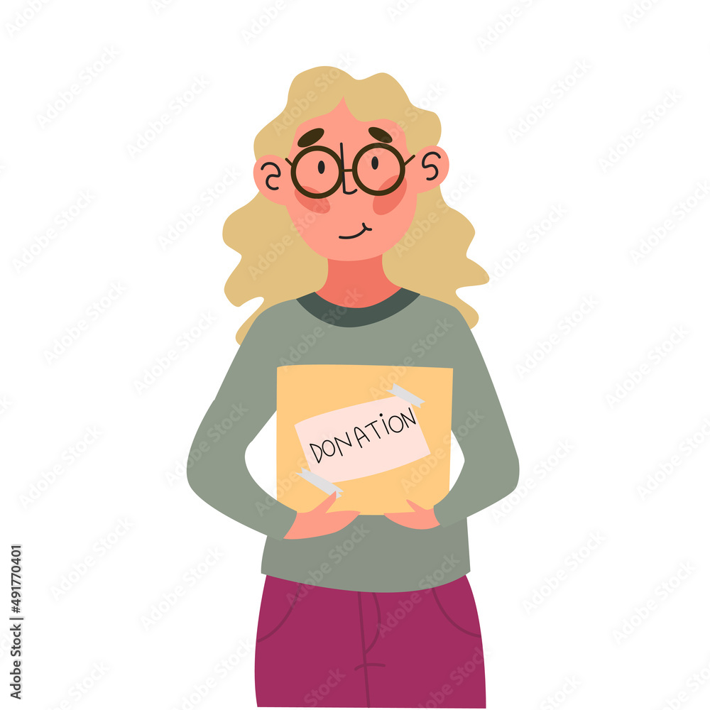 Woman character volunteer hold donation box. Social care, volunteering and charity concept. Vector Illustration.