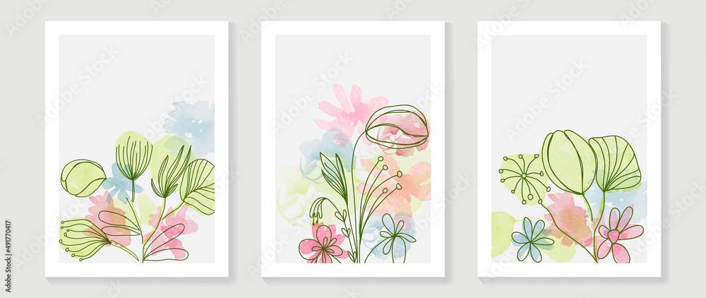 Abstract floral watercolor wall art template. Set of colorful wall decor with wild flowers, blooms and leaves in watercolor texture. Spring season line art painting for wallpaper, cover and poster.