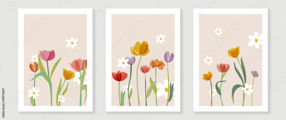Abstract floral watercolor wall art template. Set of adorable wall decor with tulip flowers and white daisy in watercolor texture. Spring season art painting for wallpaper, cover and poster. - obrazy, fototapety, plakaty 