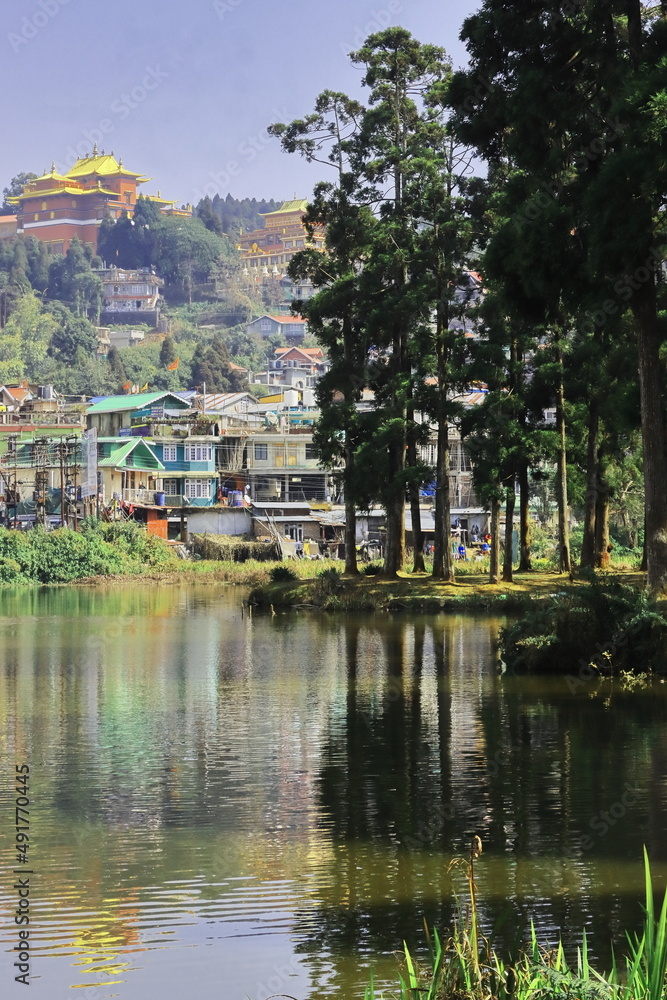 beautiful mirik lake surrounded by green pine forest at mirik near darjeeling hill station in west bengal, india