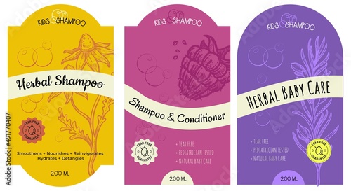 Herbal shampoo and conditioner, baby care labels
