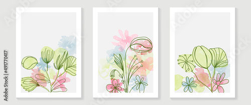Abstract floral watercolor wall art template. Set of colorful wall decor with wild flowers, blooms and leaves in watercolor texture. Spring season line art painting for wallpaper, cover and poster.