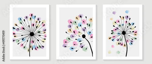 Abstract floral watercolor wall art template. Set of colorful wall decor with dandelion flower and floating seed in watercolor texture. Spring season line art painting for wallpaper, cover and poster.