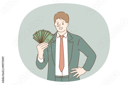 Fraud and taking bribes concept. Smiling cheerful man in suit standing holding heap of cash money in hands with very long big nose meaning unfair play vector illustration 