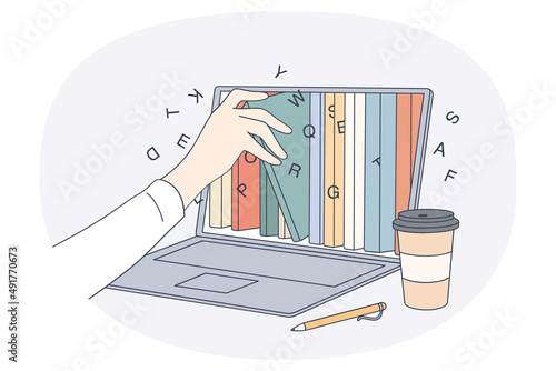 Online library and information concept. Human hand taking various books from laptop screen using online ebooks and library in internet vector illustration 
