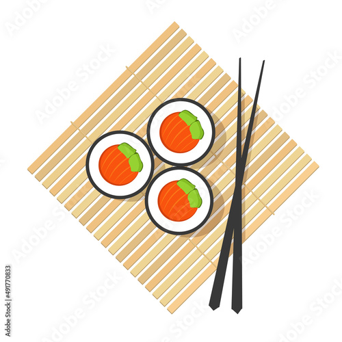 Sushi roll maki with salmon on bamboo wooden plate with chopsticks vector isolated on white background flat cartoon illustration, top view asian tasty food modern design