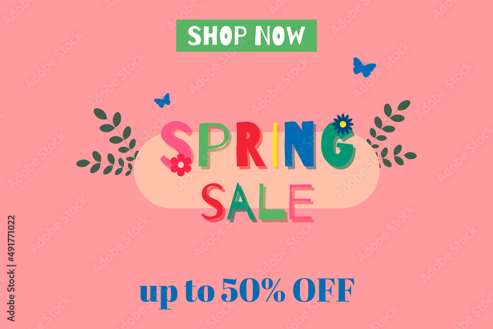 Spring sale banner. Offer up to 50% off with decorative flowers and leaf and butterfly. Template for marketing, promo, advertising. Flat vector illustration Spring sale banner. Offer up to 50% off with decorative flowers and leaf and butterfly. Template for marketing, promo, advertising. Flat vector illustration