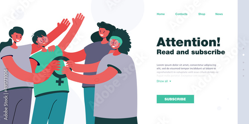 Cartoon women holding female symbol together. Group of happy feminists flat vector illustration. Feminism, equality, diversity, community concept for banner, website design or landing web page