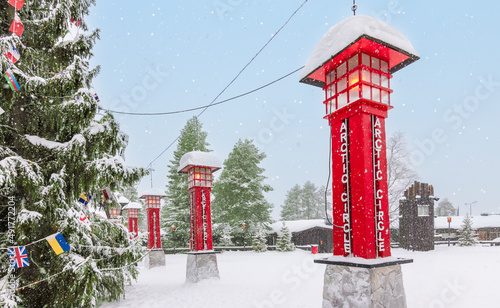 Konstfotografi Snow in Santa Claus Village with the Arctic Circle in Rovaniemi, Lapland, Finland