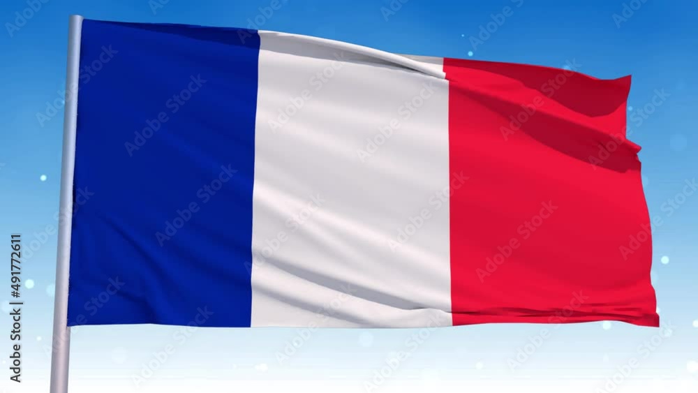 Waving National Flag Of France In The Wind With Pole On Cloudy Fog Glitter Dust Flying Blue Sky 3D Rendering Seamless Loop With Alpha Matte Waving National Flag Of France In The Wind With Pole On Cloudy Fog Glitter Dust Flying Blue Sky 3D Rendering Seamless Loop With Alpha Matte