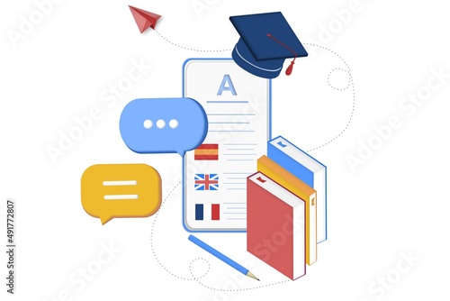 Modern 3D isometric of online languages learning, language courses banner template for website and mobile development. Literal translation, personal assistant, e-learning concept. Vector illustration.