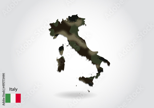 italy map with camouflage pattern, Forest - green texture in map. Military concept for army, soldier and war. coat of arms, flag.