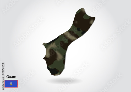 guam map with camouflage pattern, Forest - green texture in map. Military concept for army, soldier and war. coat of arms, flag.