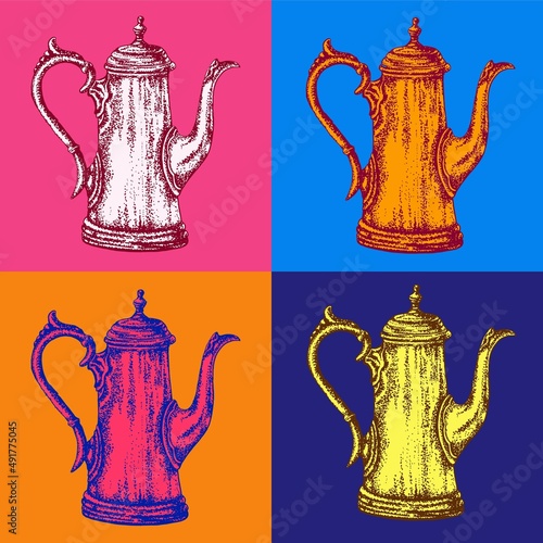 Vintage English coffee pot in pop art style. Bright poster vector.

