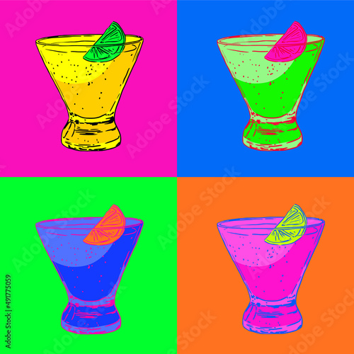 A glass of cocktail with a slice of lemon. Bright pop art illustration for a poster. Vector illustration.
