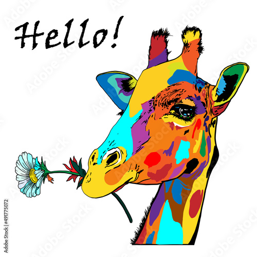Giraffe. Graphic drawing with a welcome inscription in the style of pop art. Vector, isolated illustration.
